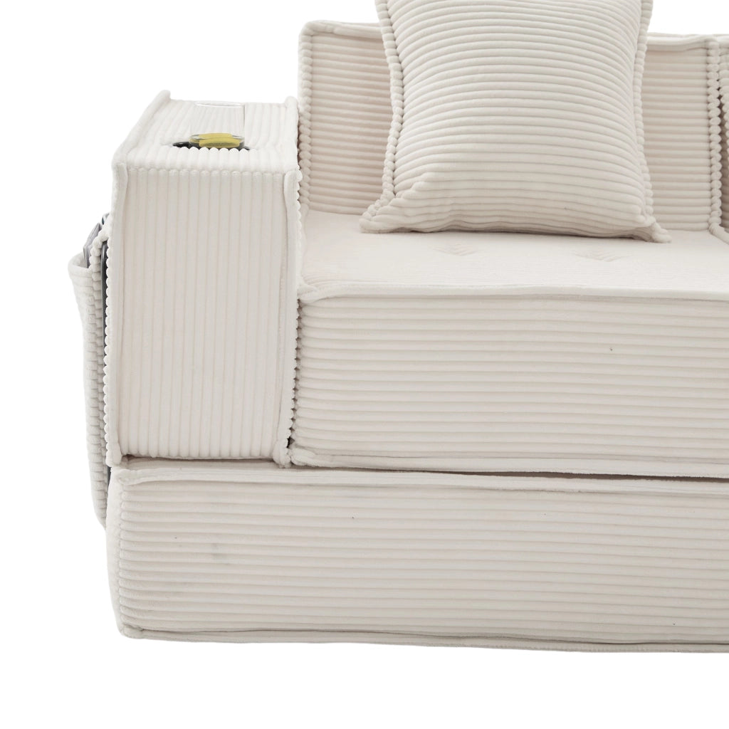Pouf divano modulare in tessuto effetto corduroy beige, con 2 cuscini e tasche laterali, seduta bassa per relax