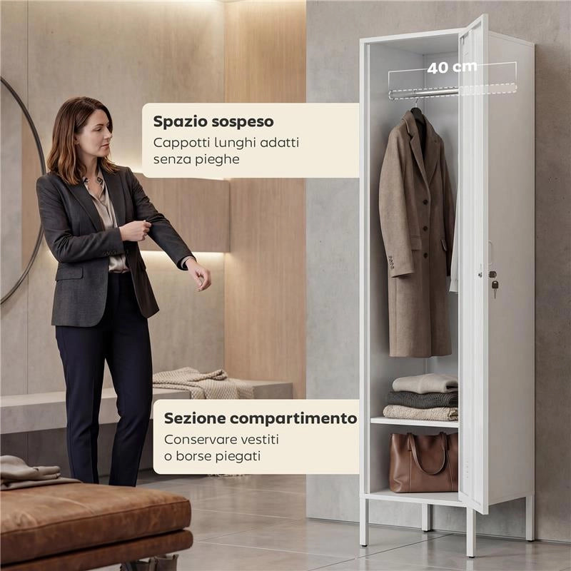 ARMADIO METALLICO CON PORTA CHIUDIBILE, PORTANOME E ASTA APPENDIABITI, 40X40X179 CM, BIANCO