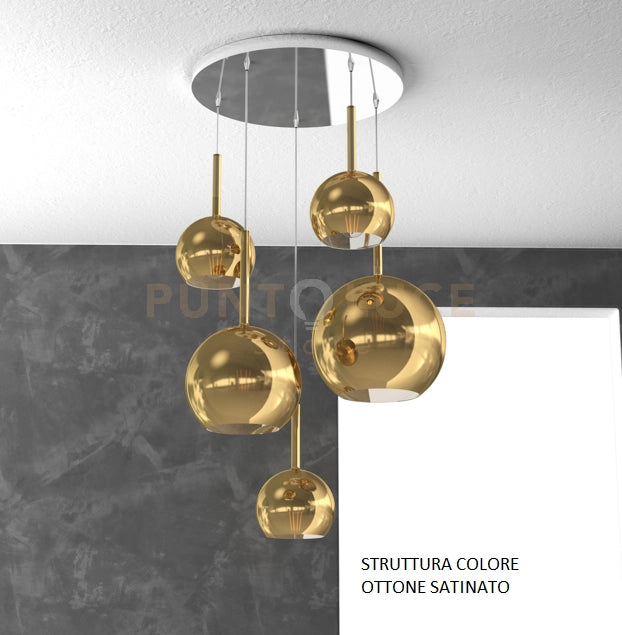 SOSP. OTTONE SAT. TONDA 5 LUCI VETRI (1 GRANDE+1 MEDIO+3 PICCOLO) TUTTI ORO 1155OS-S5 TMIX-OR