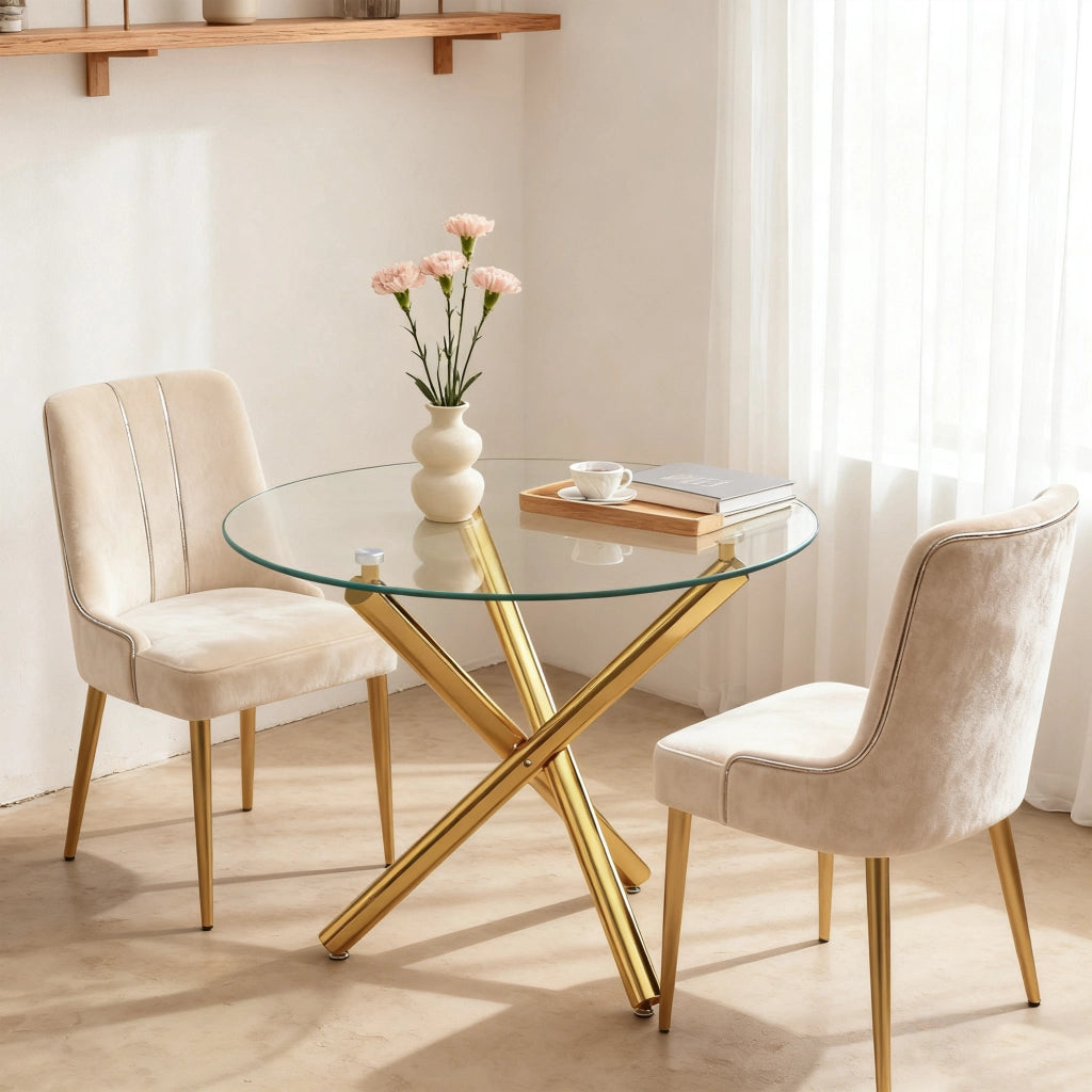 Tavolo da pranzo rotondo per 2 a 4 persone con piano in vetro temperato e base incrociata in metallo 80 x 80 x 76 cm Oro