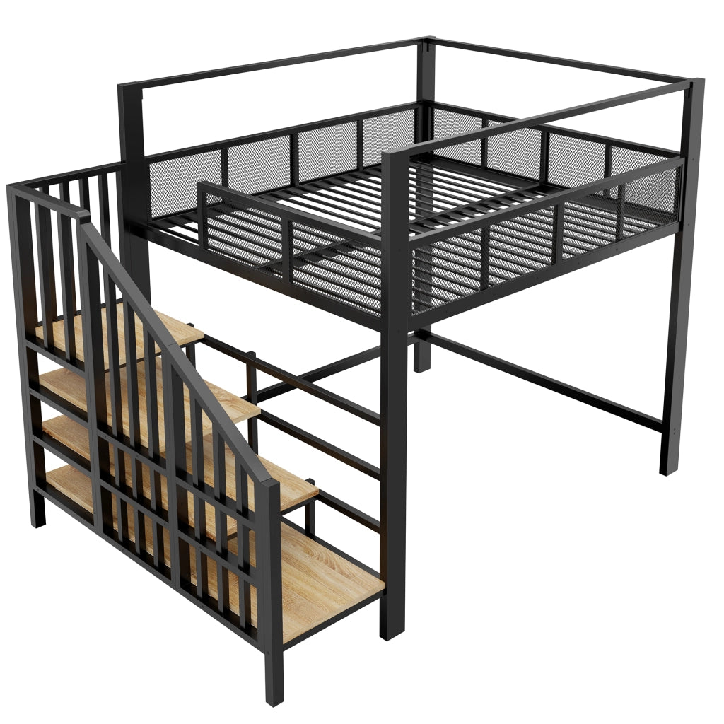 Letto a soppalco alto in metallo 140x200 cm con scala contenitore, baldacchino e rete di sicurezza, nero