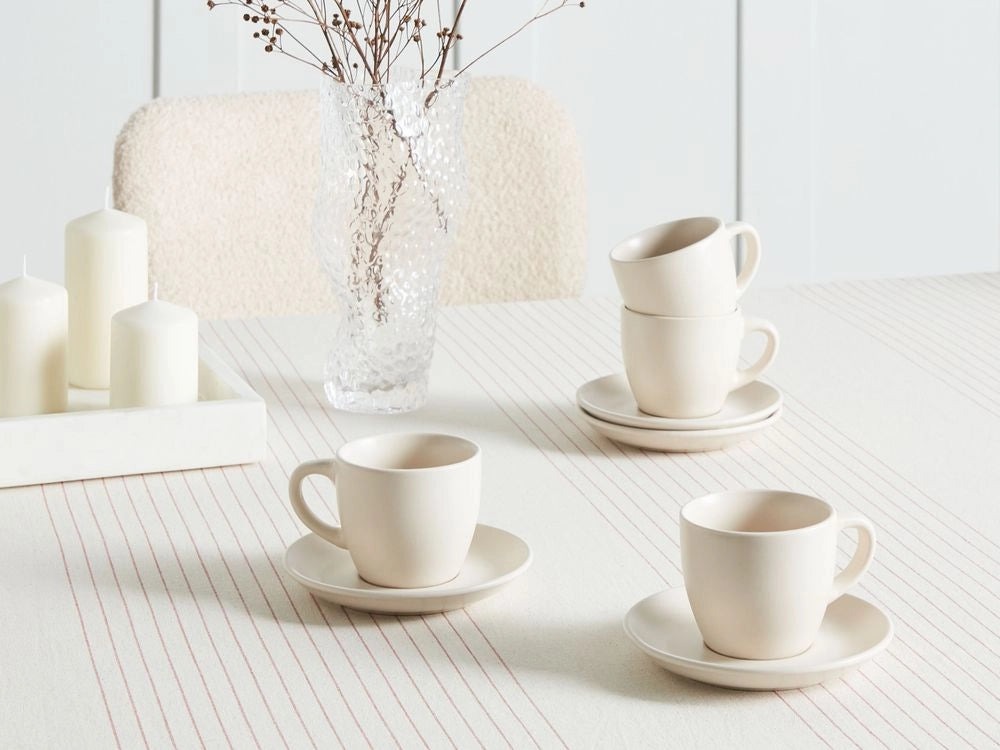 Set di 4 tazzine con piattini bianco gres kaolin fatto a mano smalto reattivo finitura servizio per 4 persone tè caffè cucina sala da pranzo.