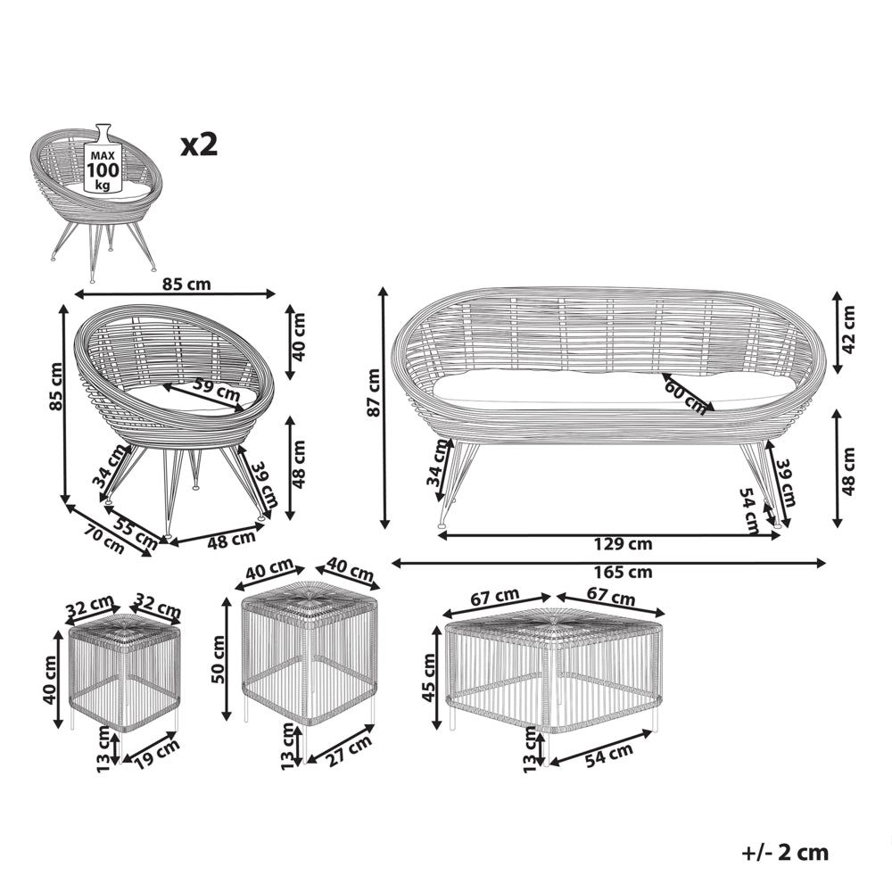 Set di divani a 4 posti in rattan naturale beige chiaro con cuscini in cotone con 3 tavolini per interni e per esterni stile bohémien giardino balcone.