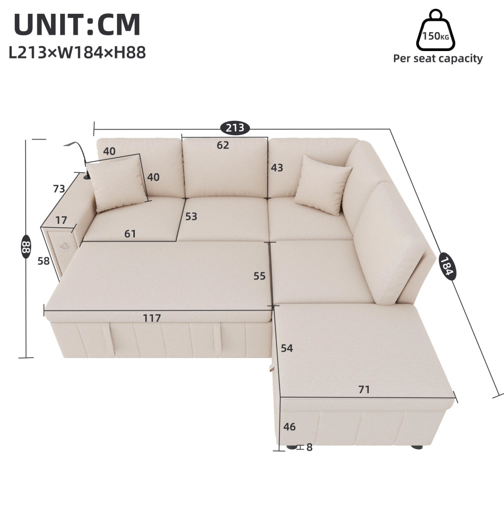 Divano angolare L convertibile con letto; pouf contenitore e lampada LED; 213x184x88 cm; beige in lino