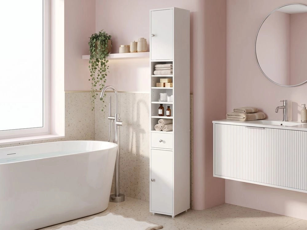 Mobile da bagno a colonna in MDF 180 x 20 cm con 8 ripiani e cassetto, stile moderno