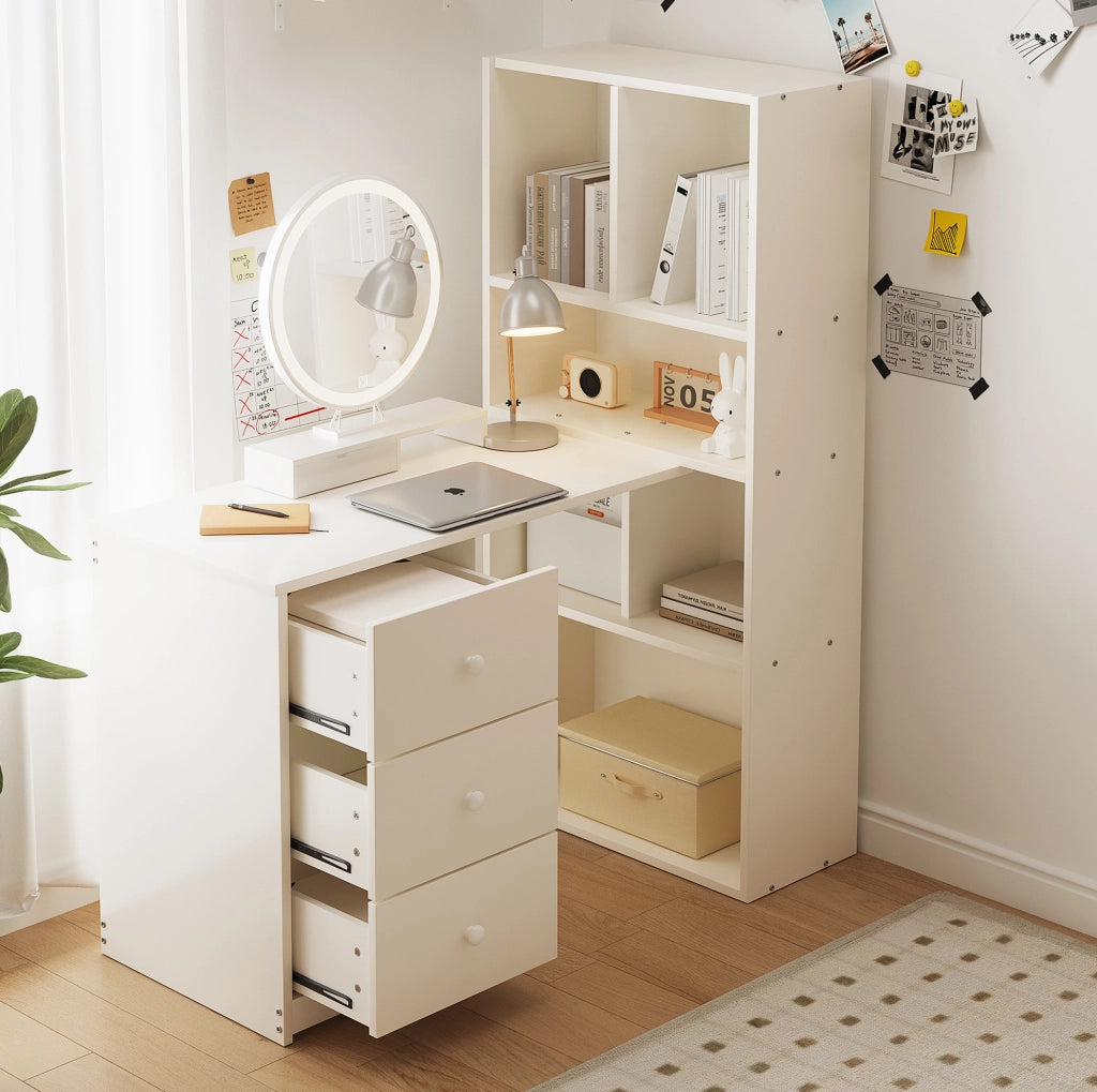 Scrivania angolare 117x63x135 cm bianca in legno; 4 ripiani e 3 cassetti