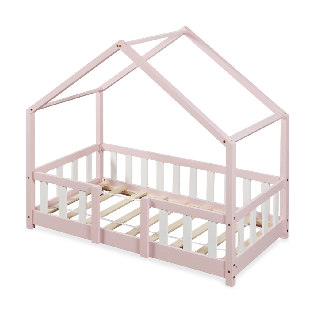 Letto per Cameretta Treviolo a Forma di Casetta in Stile Montessori 70x140 cm Rosa/Bianco [en.casa]