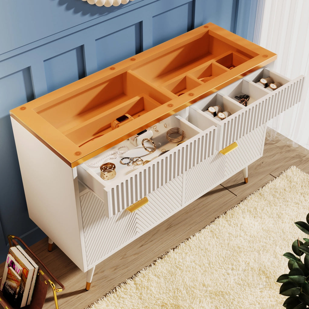 Cassettiera Credenza con 6 Cassetti e Divisori Rimovibili; Apertura Push; Antiribaltamento; in Vetro; 120??40??76 cm; Bianco