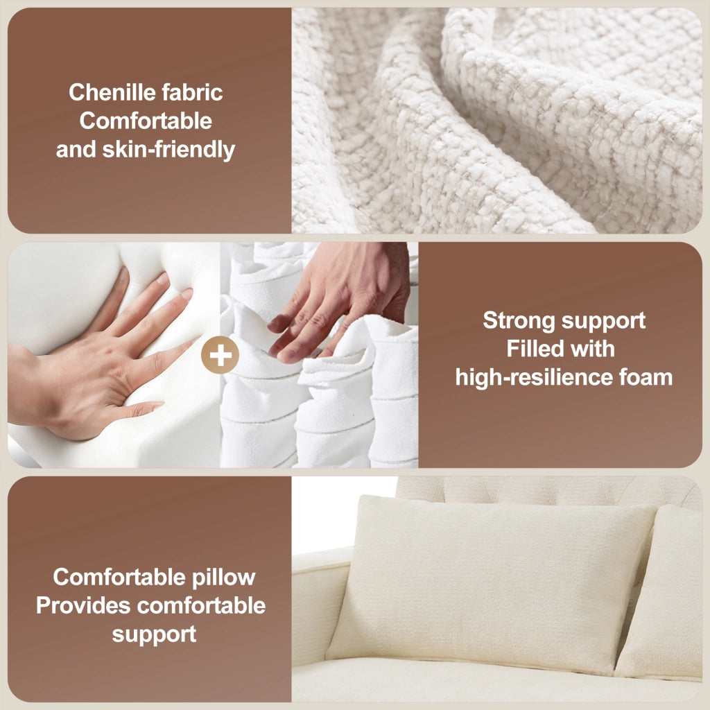 Divano letto 2 posti con schienale regolabile; porte USB; portabicchieri e 2 cuscini in ciniglia beige 140 Ã— 137 Ã— 84 cm