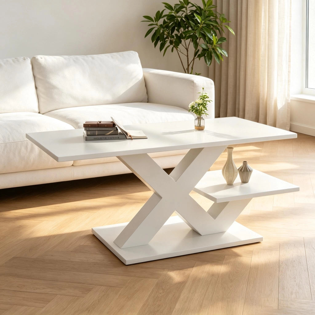 Tavolino da salotto rettangolare bianco lucido 100 x 48 x 45 cm, in MDF, struttura a X, portata fino a 10 kg