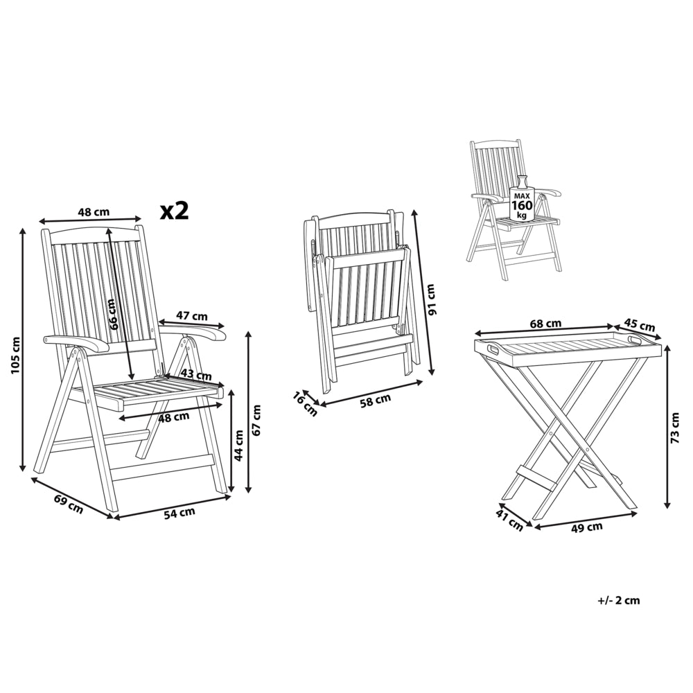 Set da bistrot da giardino Tavolo in legno di acacia chiaro 2 sedie Vassoio piano pieghevole resistente ai raggi UV
