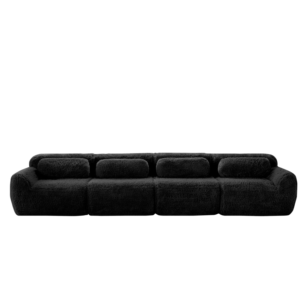 OKWISH Divano Modulare 4 Posti, Design Ergonomico con Pouf Collegabile e Cuscini, Peluche, Nero