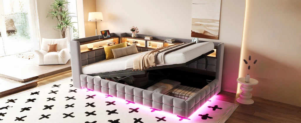 DESMIU Letto Contenitore 90 × 200 cm 1 posto con LED, USB, Type-C, ripiani e spazio contenitore, senza materasso, grigio chiaro