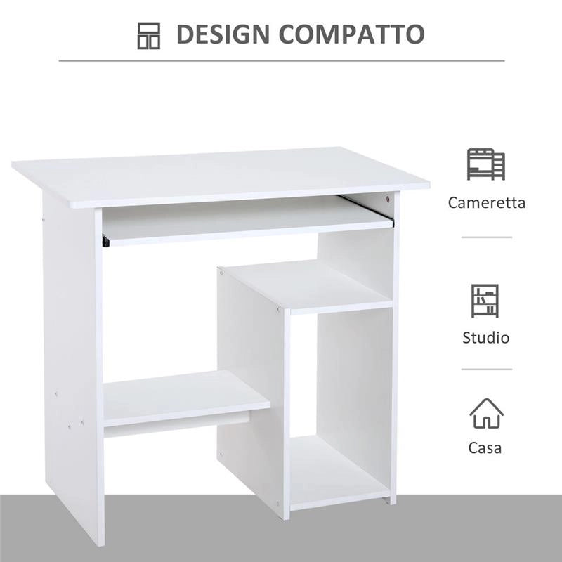 SCRIVANIA COMPATTA CON RIPIANI E MENSOLA TASTIERA ESTRAIBILE IN LEGNO BIANCO