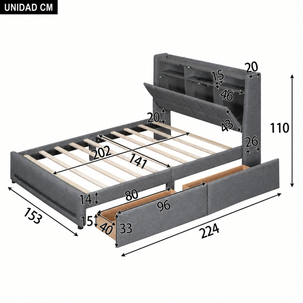 Letto imbottito 140 ¡Á 200 cm con cassetti LED controllabile tramite app USB in lino e MDF grigio