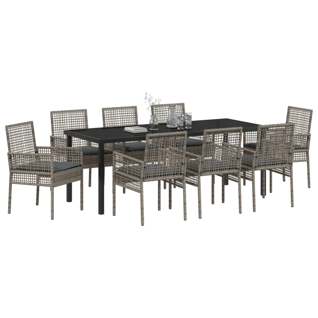 Set da pranzo per giardino 9 pezzi con cuscini grigio in polyrattan