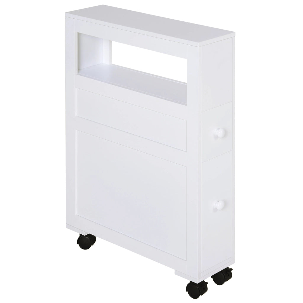 Mobiletto da Bagno 2 Cassetti Salvaspazio con 4 Ruote Legno 16x52x71.5cm Bianco