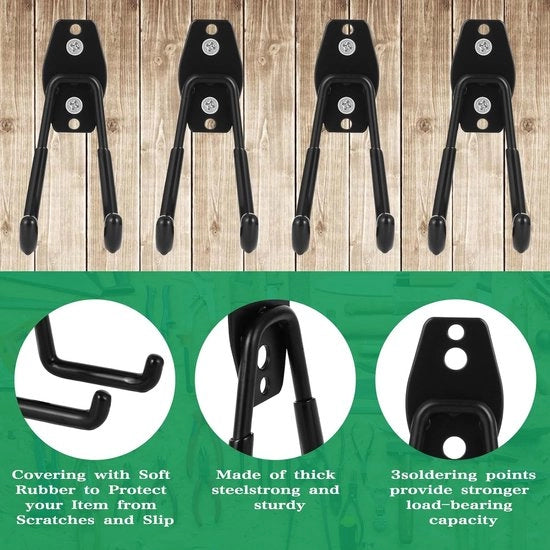 Hanger per attrezzo per garage in acciaio resistente per l'organizzazione di attrezzi e strumenti per giardino, montaggio a parete per garage, 4 pezzi, nero