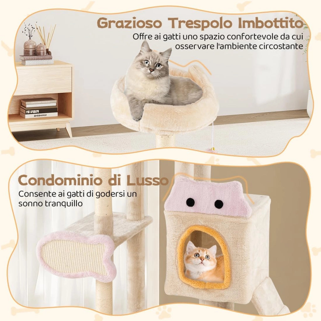 Albero per Gatti da Interno Alto 125 cm, Tiragraffi per Gatti a Più Livelli con Cuscino, Rifugio, Tiragraffi in Sisal a Forma di Pesce, Rampa, Pallina Pendente e Piattaforme