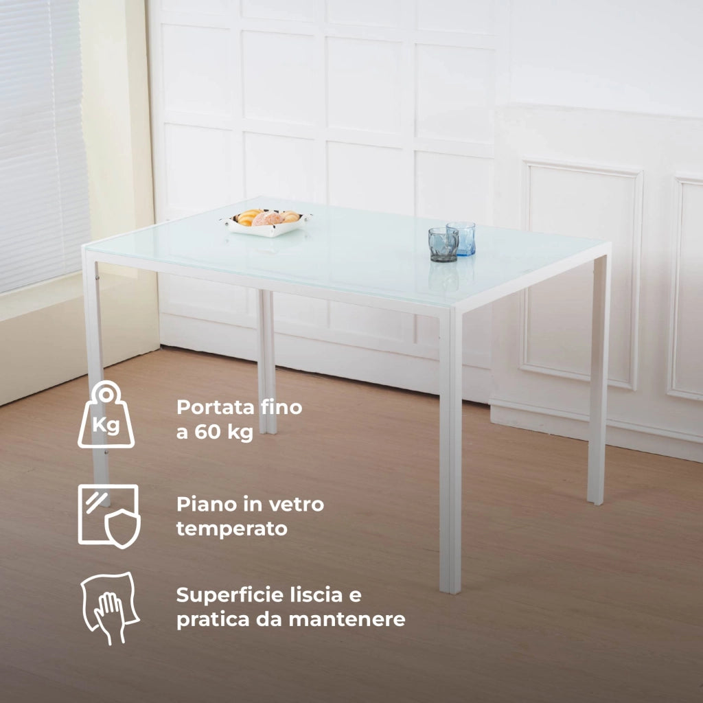 Set Sedie e Tavolo da Pranzo con Ripiano in Vetro Temperato e Sedia Imbottite in Similpelle Nera – Design Moderno, 4 o 6 Posti – Ideale per Cucina o Soggiorno   Bianco - 4 Posti