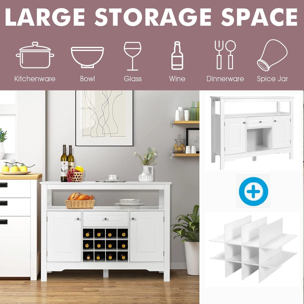 Mobiletto Multioso a Buffet, Credenza Cucina con 2 Ante, 1 Cassetto, 12 Cubetti di Vino, 2 Ripiani, Armadietto da Soggiorno, Credenza Cucina Salvaspazio in Legno, 116 × 40 × 82 cm