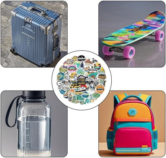 Etichette per Notebook/Skateboard - 50 pezzi - Etichette per l'esterno realizzate a mano - Tema Camping - Facili da staccare - Materiale PVC resistente al tempo - Etichette decorative