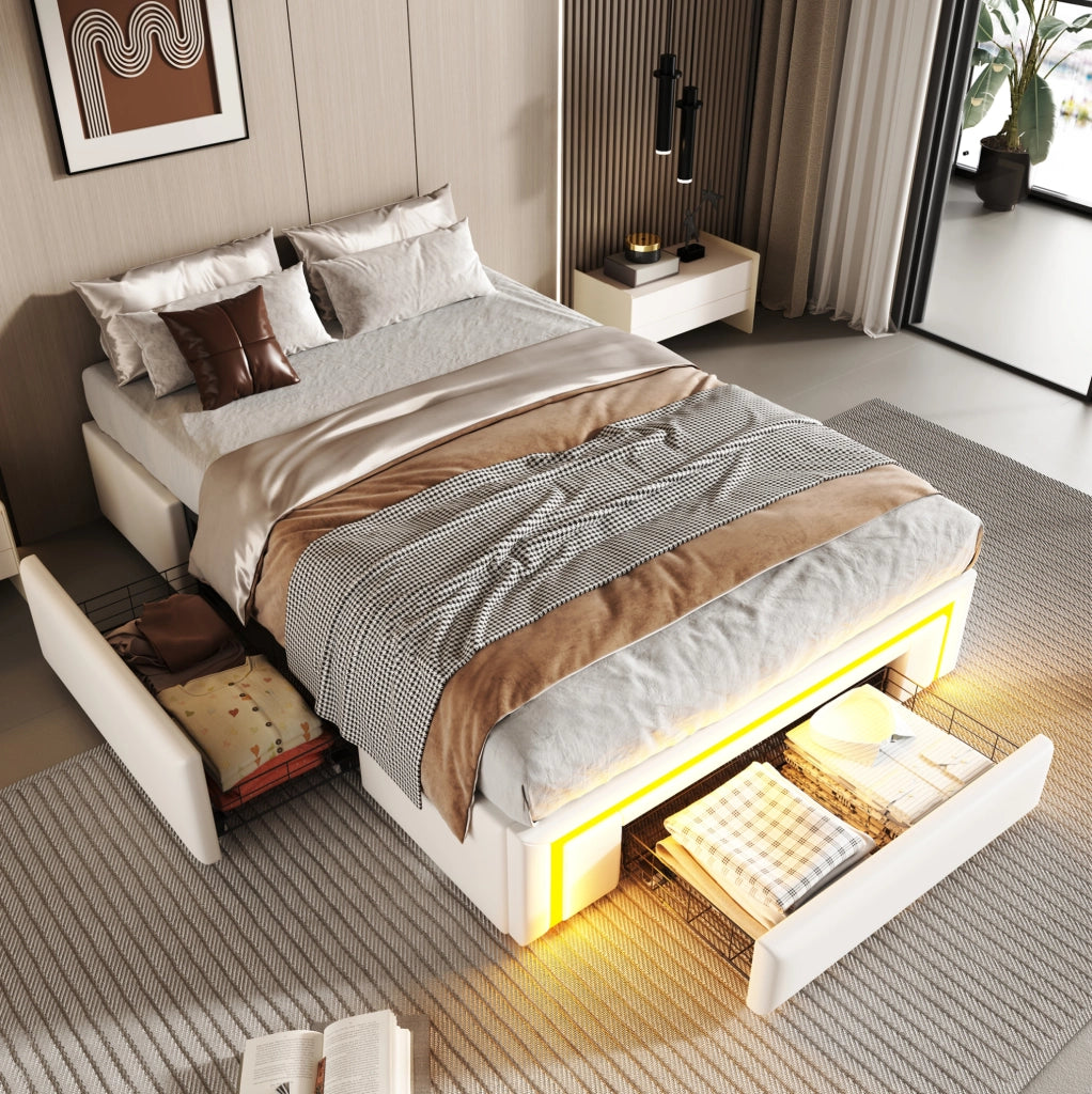 Letto imbottito 90x200 cm in PU bianco senza testiera con cassetti e LED RGB