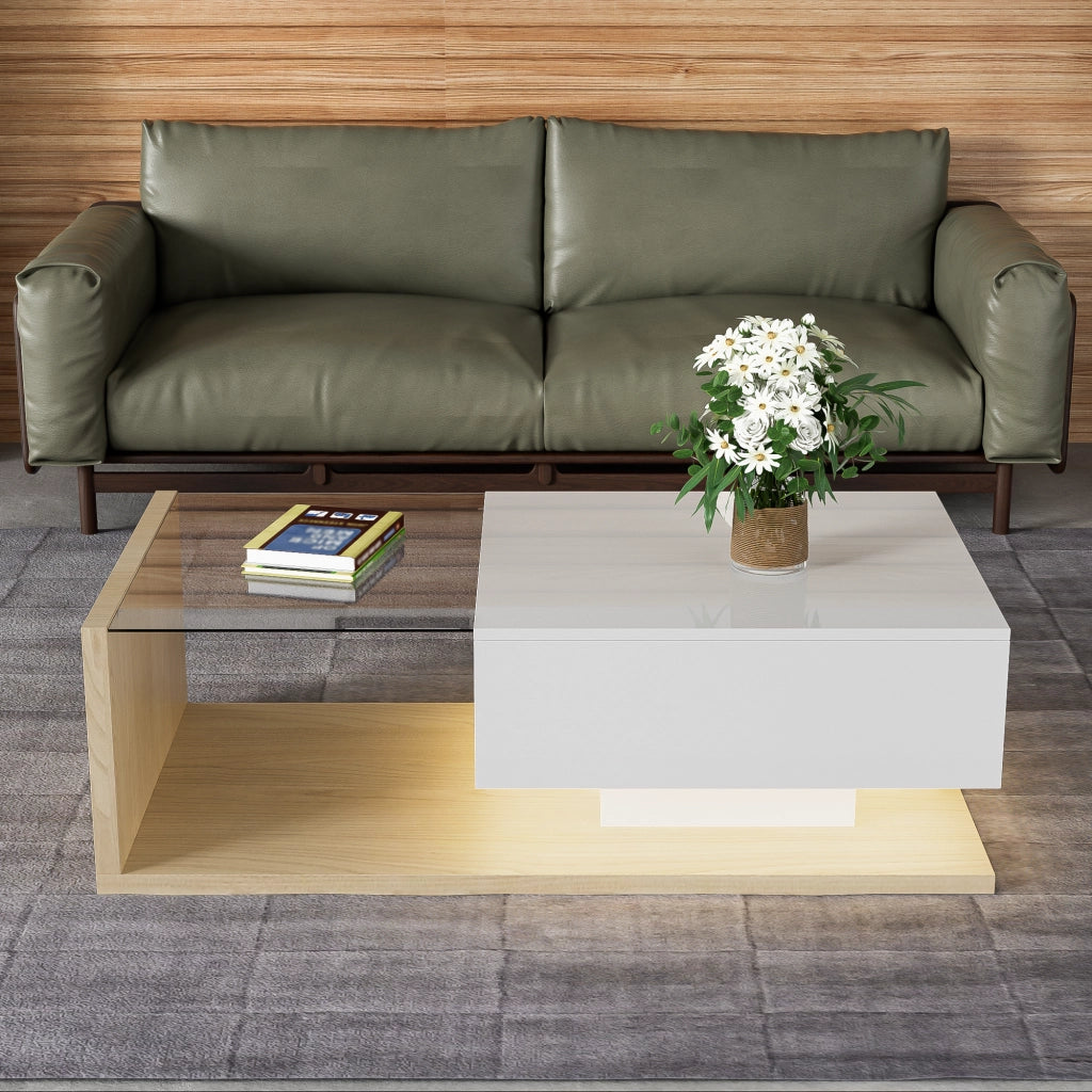 OKWISH Tavolino da Salotto Rettangolare con Piano in Vetro, Vano Contenitore e LED a 16 Colori, per Soggiorno, 105×55×32,5 cm