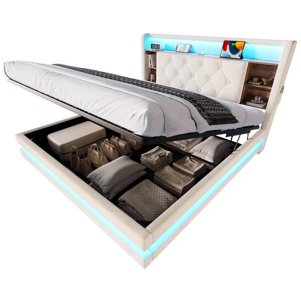 LETTO contenitore 140x200 cm in velluto beige con testiera multifunzione