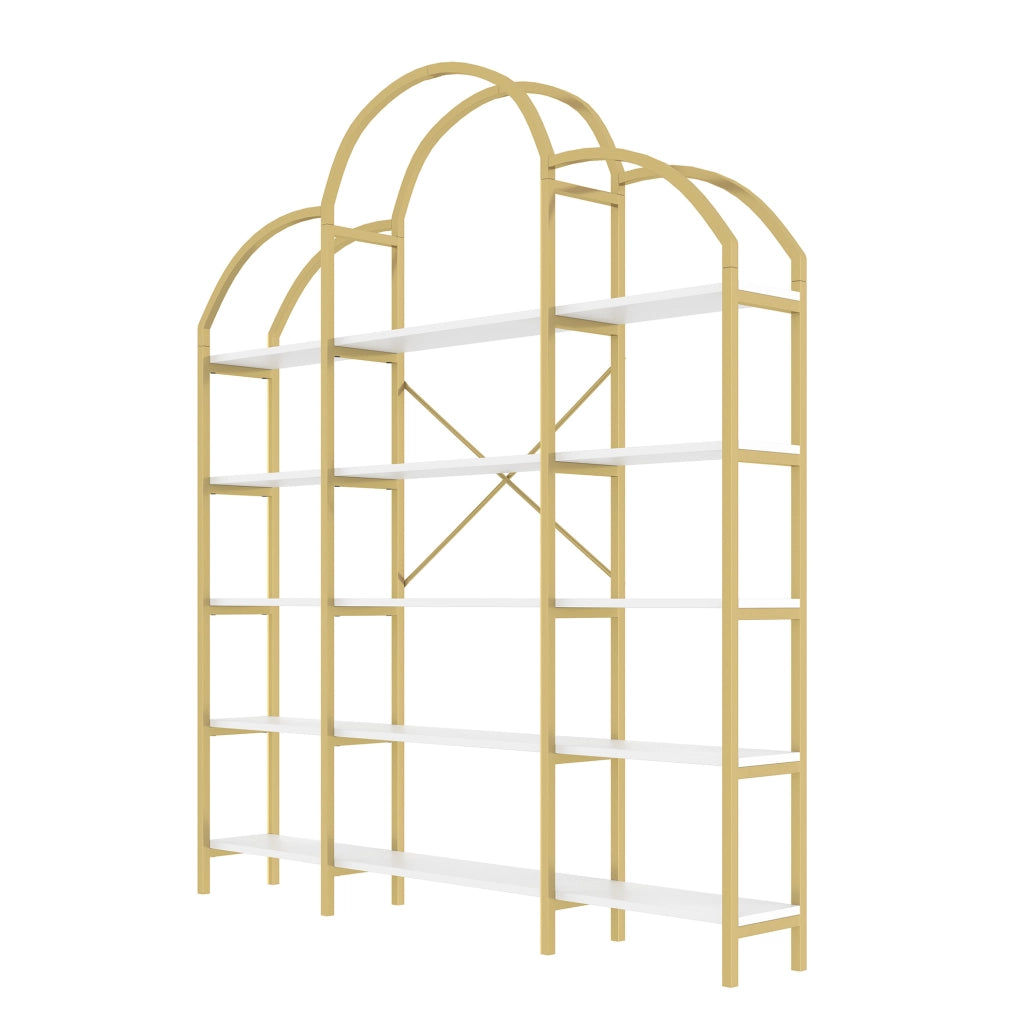Scaffale a 5 ripiani in metallo e MDF, stile essenziale, oro e bianco