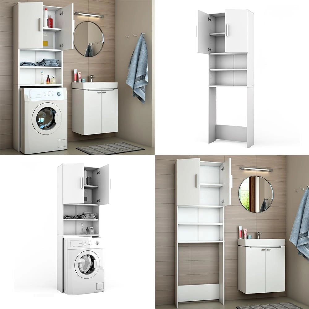 Mobile lavatrice, Bianco, 64 x 190 cm, adatto per la conservazione di detersivo e accessori