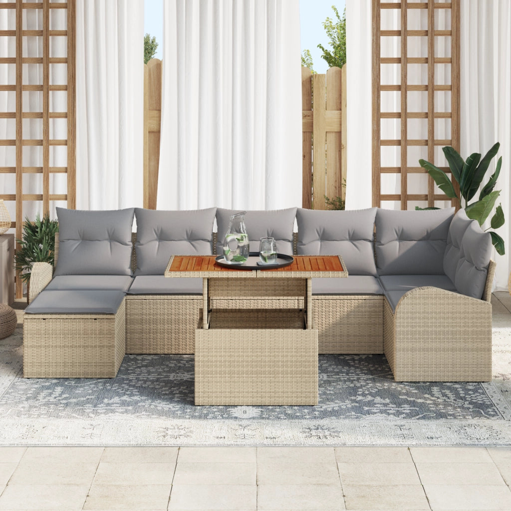Set da Pranzo da Giardino 8 Pezzi con Cuscini Beige Polyrattan Acacia