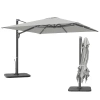 Ombrellone a Sbalzo con Manovella e Base a Croce, in Poliestere, Alluminio e Metallo, 365x297x256 cm, Grigio Chiaro