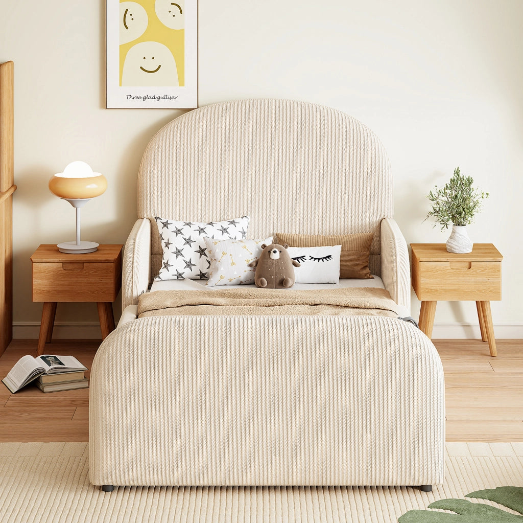 Letto imbottito 90x200 cm con contenitore idraulico; testiera alta in velluto beige