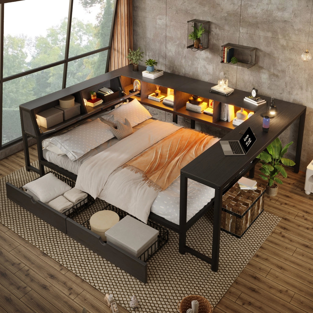 Letto multifunzione 140x200 cm in metallo e MDF con scrivania; LED e cassetti