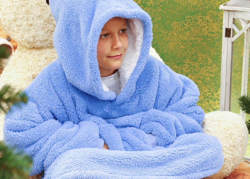 Felpa Plaid Bambini Coperta Agnellata Sherpa Con Tasca Inverno Tinta Unita Midlands - Felpone - Azzurro