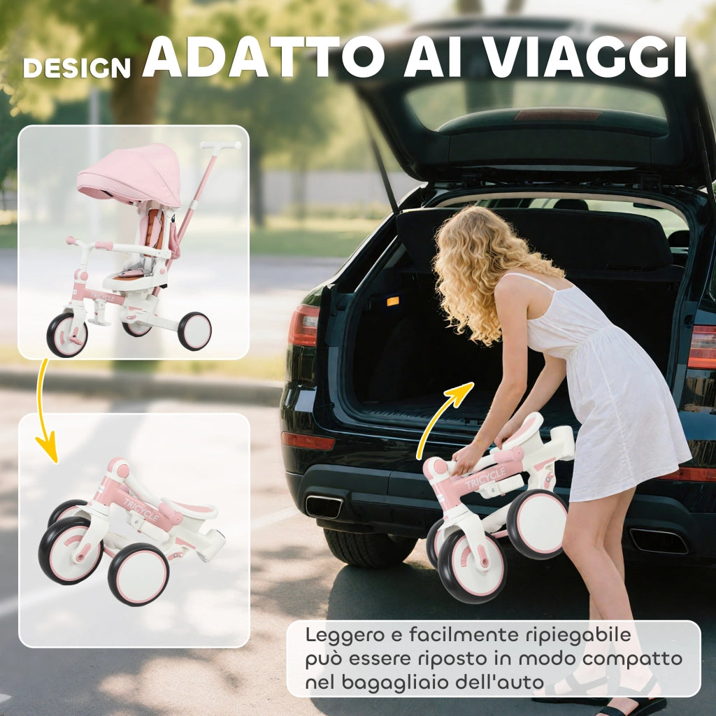 Triciclo 5 in 1 per Bambini con Maniglione di Spinta e Copertura ¨C Xylo ¨C Rosa, 96.5x49x101 cm