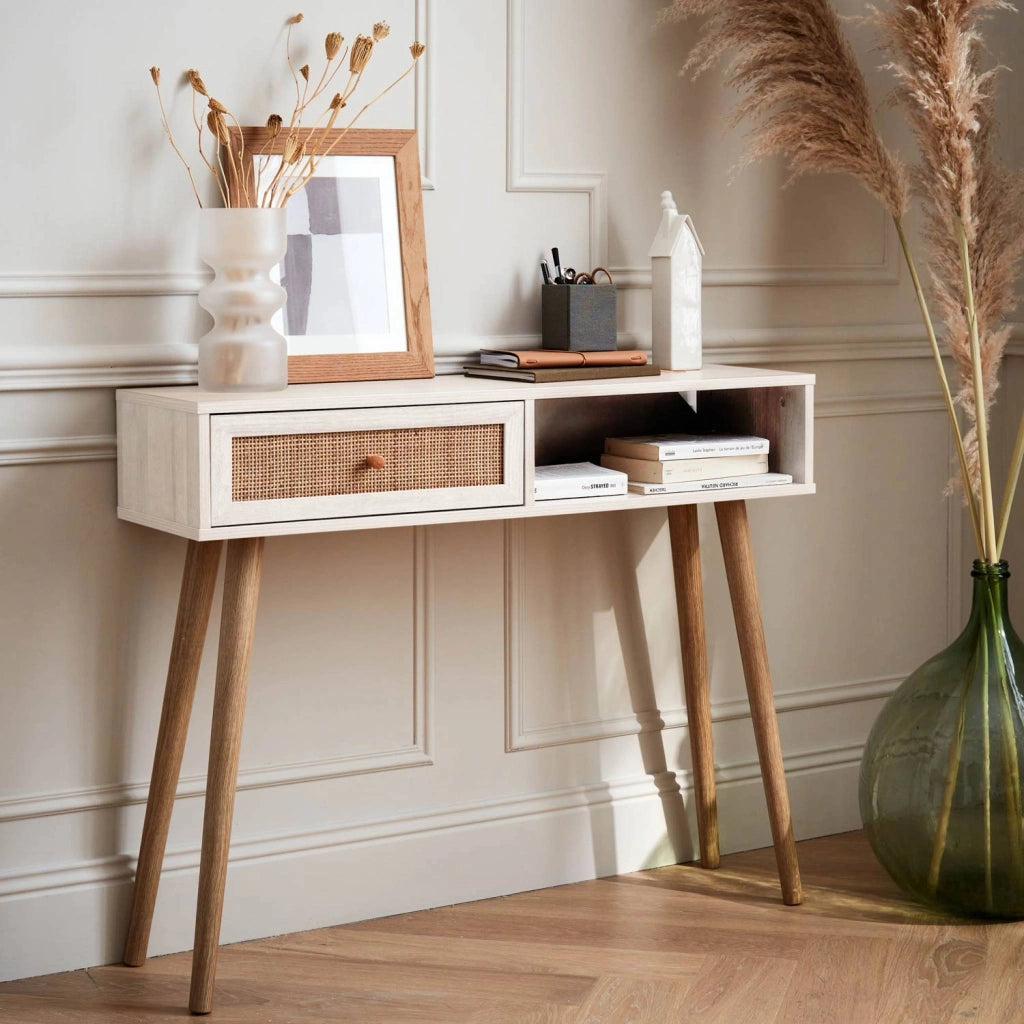 Consolle scandinava con effetto legno e canna, 100cm, bianco sporco