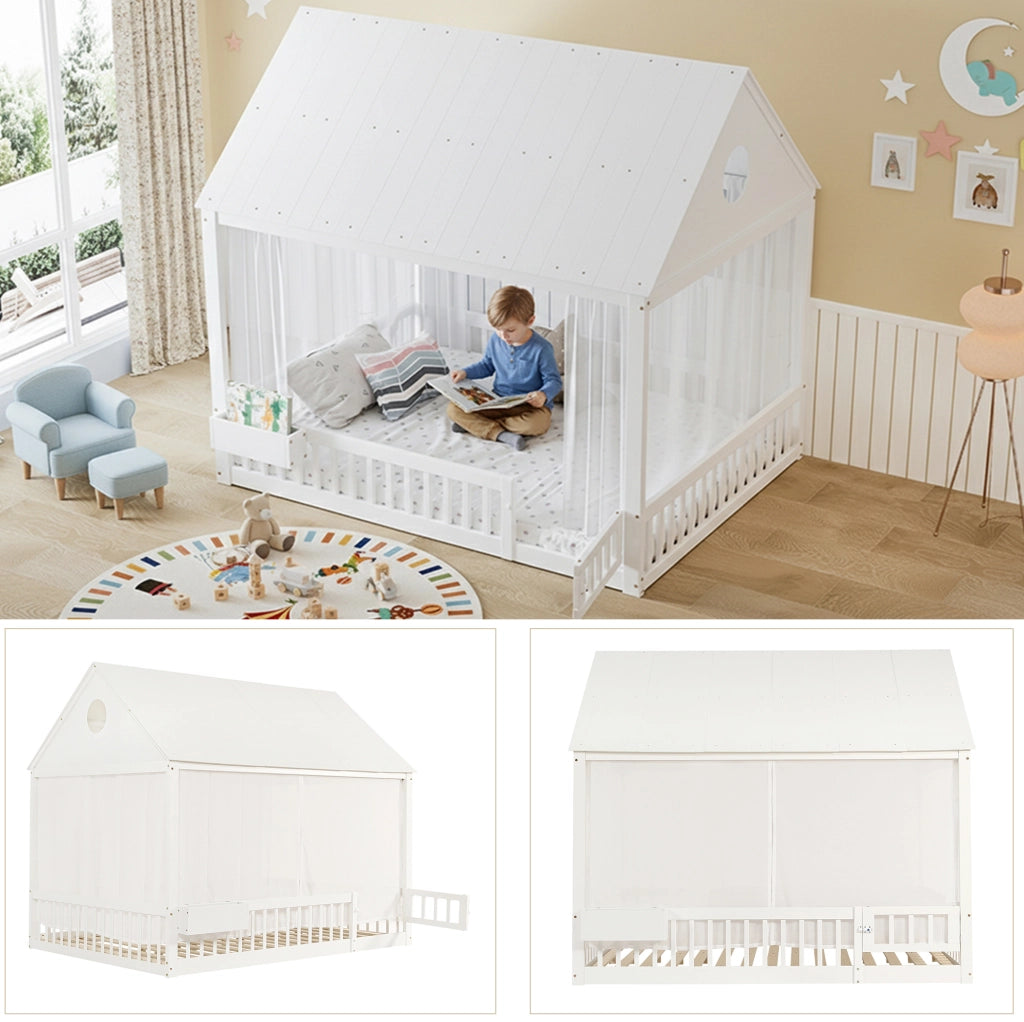 Letto singolo per bambini 140x200 cm bianco con tende
