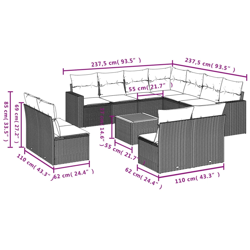 Set Divani da Giardino 12 pz con Cuscini Grigio in Polyrattan 3224184