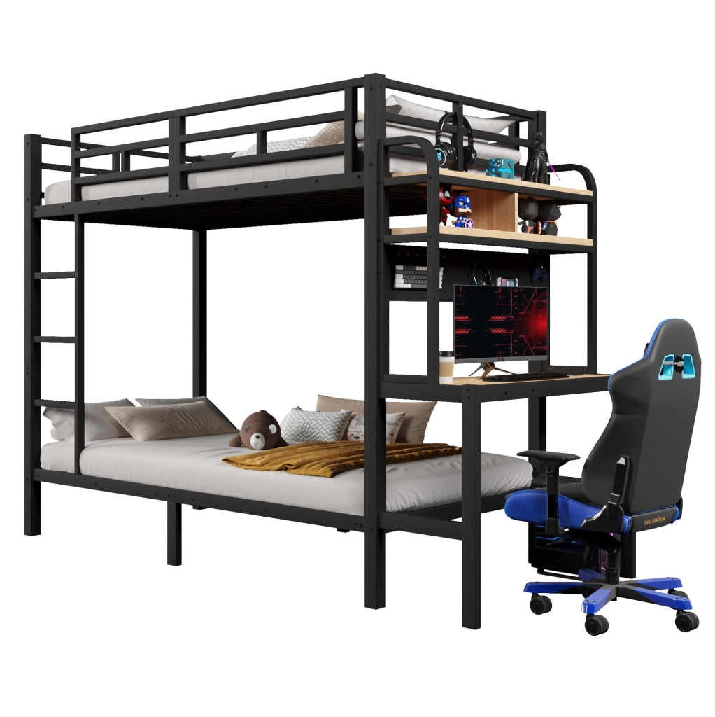 Letto a castello 90x200 cm in metallo e MDF; con scrivania; LED; USB e scala; nero