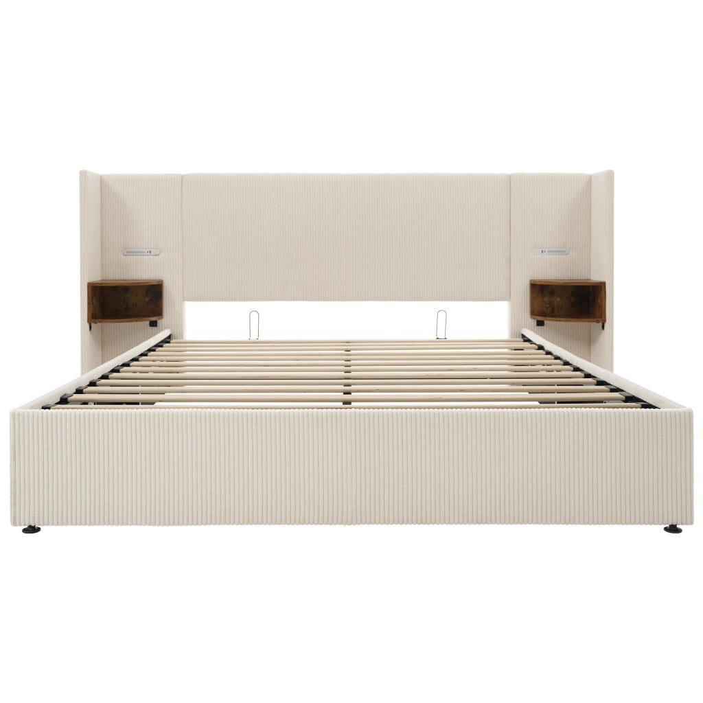 Letto matrimoniale 160x200 beige con testiera; contenitore idraulico e lampada touch