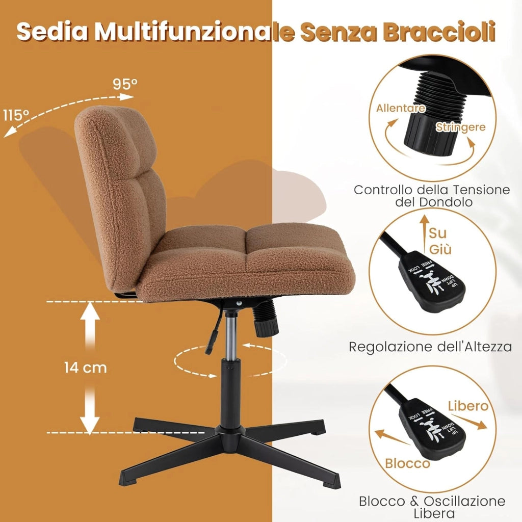 Sedia da Scrivania senza Braccioli, Sedia da Ufficio a Gambe Incrociate, Altezza Regolabile, Girevole a 360°, Tessuto Morbido, Ampia Seduta Imbottita, per Soggiorno Ufficio (Marrone)