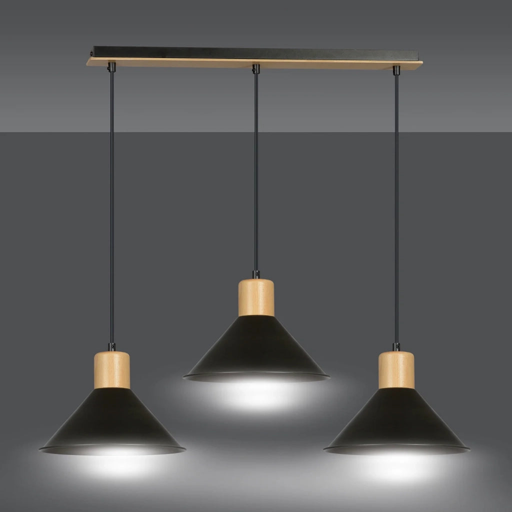 Sospensione Nordica 3 Luci Chandra In Acciaio Nero E Legno