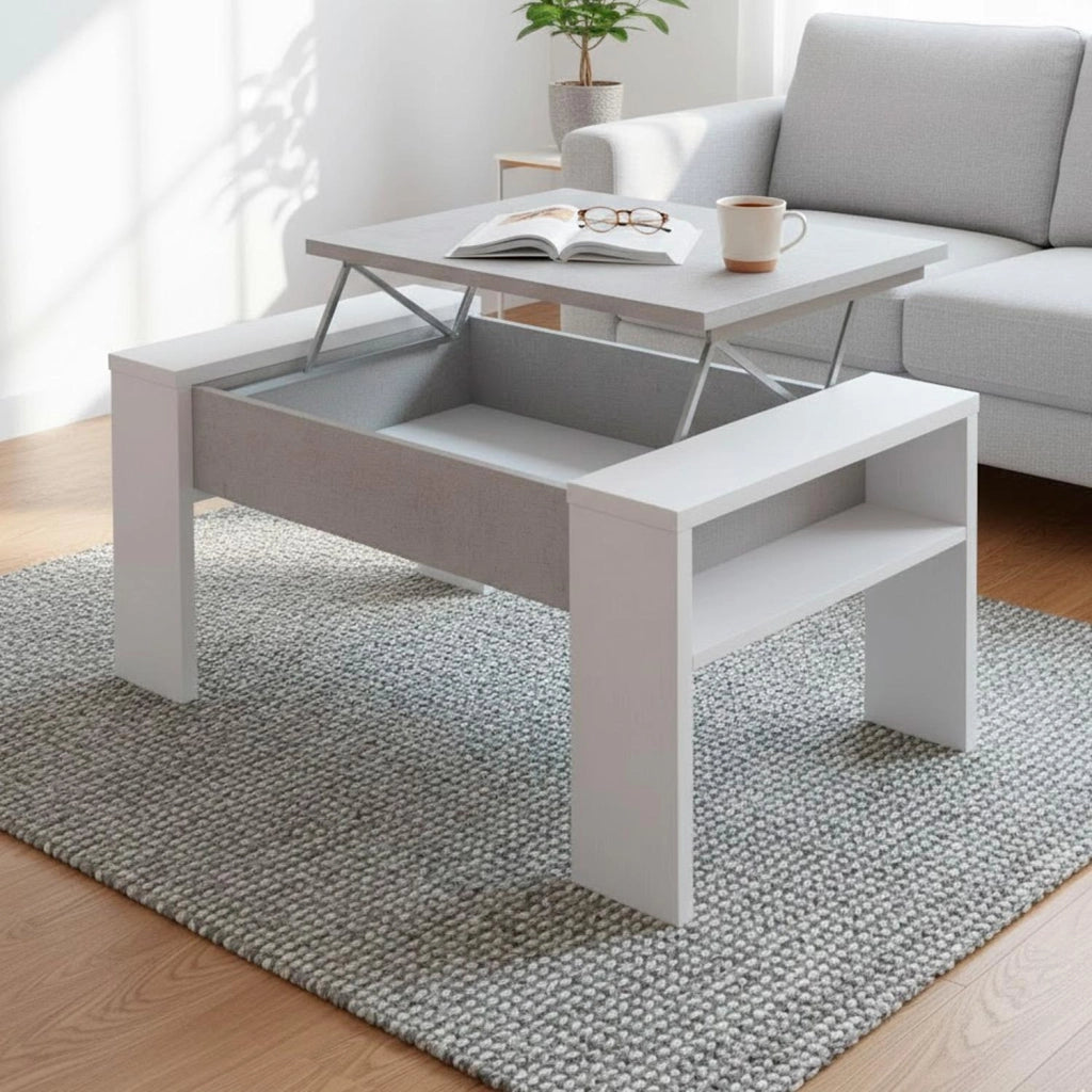 Tavolino Da Living Trasformabile Con Piano Sollevabile E Vano Contenitore Tavolo Moderno Per Salotto Soggiorno Smart Working 98 X 50 X 43 Cm Bianco E Grigio Cemento