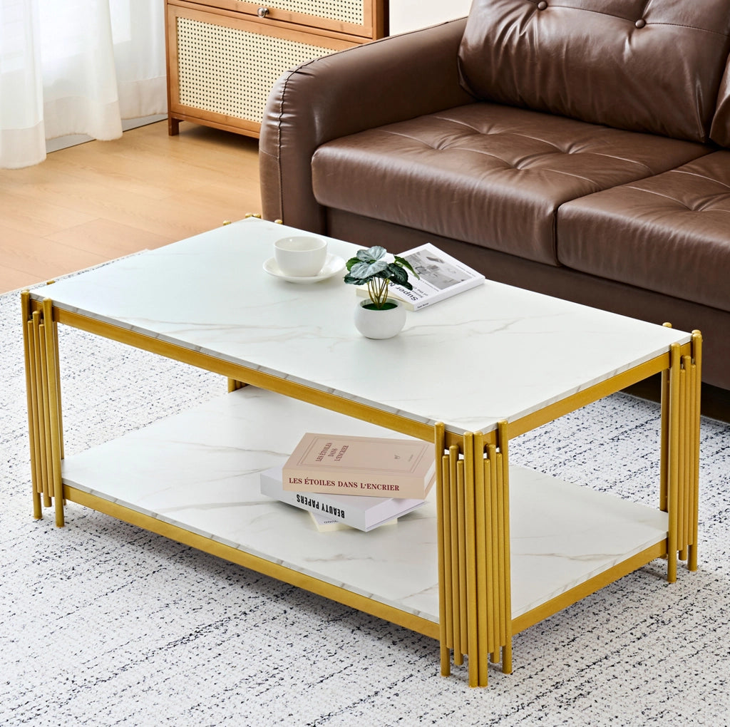 Tavolino da caffè rettangolare moderno con doppi ripiani, struttura in MDF e metallo, bianco/oro