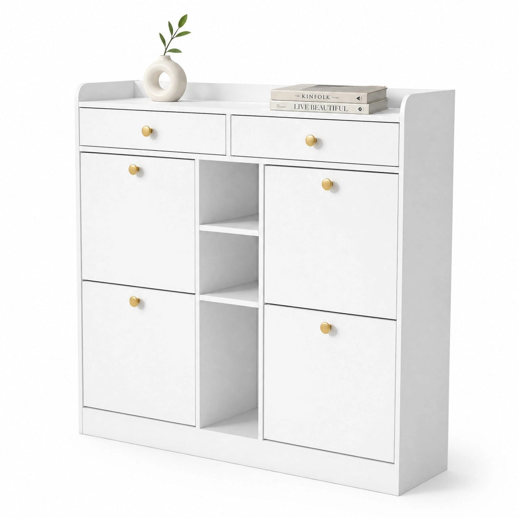Scarpiera bianca 110x26x100 cm con ante a ribalta e cassetti