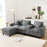DIVANO ANGOLARE L-Forma 229x149,5x83 cm in Corduroy Grigio con pouf e 2 cuscini