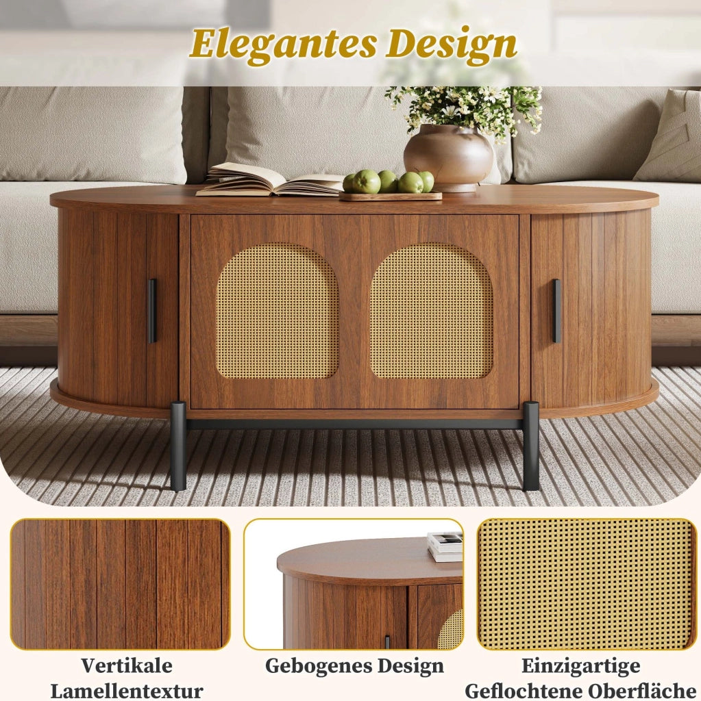 Tavolino da salotto ovale 100 x 50 x 40 cm in MDF color noce con ante in rattan e ripiani