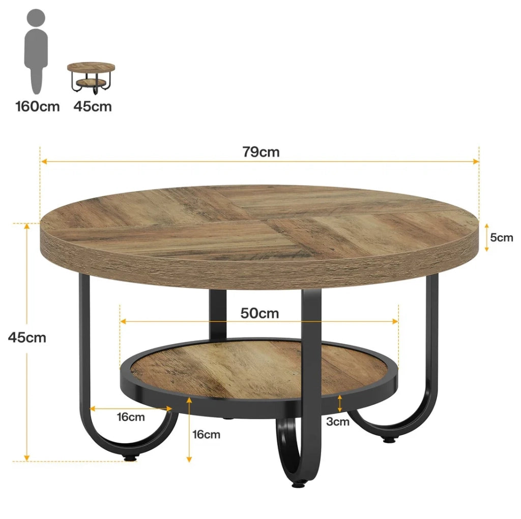 Tavolino rotondo a due livelli 79 cm; in MDF e metallo; nero e marrone